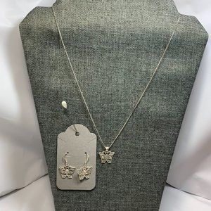 .925 Sterling 20" Box 1mm Chain With Butterfly Charm & Earrings. (582)tt